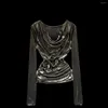 Camisetas para mujer Bling Luxury Girl Satin Camiseta de manga larga para otoño invierno primavera cuello oscilante streetwear moda bodycon camisa top