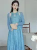Casual klänningar franska kvinnor vintage tryck blommig halter blå klänning ärmlös elegant älva rouge midi long jacquard för prom