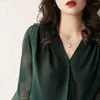 Blusas femininas tpjb elegante verão gaze manga longa cor sólida botão com decote em v reto solto chiffon fino roupas confortáveis