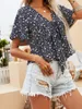 Bluzki damskie Finjani Bluzka Disity Floral Print Krawat przednie peplum v szyja rufowe topy na lato 2024