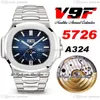 V9F 5726 Jahreskalender A324 Automatik Herrenuhr D-Blau strukturiertes Zifferblatt Mondphase Edelstahlarmband Super Edition Puretime289S