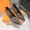 Verifique Mulheres Slingback Bomba 8cm Bombas de Escritório Sapatos de Designer Dedo Apontado Salto Alto Lona Couro Moda Carta Impressão Sapatos de Festa Sapatos de Luxo Slingbacks
