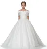 Flickaklänningar Flower Beading Sash Ball Gowns spetsapplikationer golvlängd prinsessa elegant bröllopstävling klänning