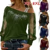 Vrouwen Mode Casual Diagonale Kraag Lange Mouw Tops Dames Sexy Off Schouder Losse T-shirts Netto Garen Trui Blouses 240123