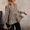 Blusas femininas 2024 primavera moda manga comprida leopardo padrão camisa feminina minimalista com decote em v blusa feminina