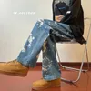 Jeans pour hommes Mode coréenne Splash-Ink Baggy Automne All-Match Pantalon en denim à jambe droite Mâle Bleu Clair Noir Noir
