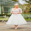 Rustiek Landelijk Grote Maten Trouwjurken Met Mouwen Elegant A-lijn Theelengte Boho Kant Bruidsjurk Organza 2024 Zomer Strand Bruid Vestio Novias Robes Courtes