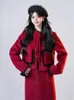 Skirts 2 Piece Set 2024 Winter Fall Women Clothing Black Fur Patchowrk Red Woolen Skirt Woman Vintage Slim Wool Sets