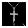 Pendant Necklaces New Retro Sier Cross Charm Fl Ice Out Cz Simated Diamonds Catholic Crucifix Necklace With Long Cuban Chain Gb Drop Dho3Y