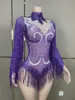 Stage Wear Purple Tassels Rhinestones Pearls Stretch Bodysuit Birthday Celebrate Outfit Evening Dance Team Performance Costume