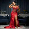 Aso Ebi Perles Perles Rouge Robes De Bal 3D Fleurs Dentelle Appliqué Femmes Robes De Soirée Formelles Grande Taille Sexy Split Robes Deuxième Réception Gala Robe De Soirée CL3257