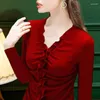 Women's T Shirts Office Lady Elegant Ruffles Folds V-Neck T-shirt Spring Autumn Women kläder Solid Sexig Slim Casual Long Sleeve Tops