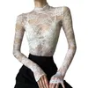 Camisetas para mujer Mxiqqpltky Mujeres S Mock Neck Crop Top Floral Lace Manga larga Ver a través Sexy Sheer Slim Salir Tees Clubwear