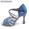 라인 스톤 시에 블루 951 wuxijiao 라틴 댄스 여성 살라스 볼룸 진주 힐 9cm 왈츠 소프트웨어 신발 240125