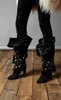 Bottes hiver mode femmes bout pointu bouton en métal doré rivet morceau talon genou haut à lacets en daim noir botte épaisse