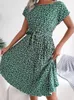 Party Dresses Short Sleeve Round Neck Floral Dress With Lace-up Stitching Summer Women's Over-sized Fashion Casual Commuter Korean Version