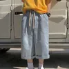Men's Jeans Adjustable Waistline Shorts Summer Cropped Denim Cargo Trousers With Wide Leg Deep Crotch Elastic Waist For Loose Men