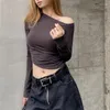 Women's T Shirts Diagonal Collar Off Shoulder Long Sleeved T-shirt For Spicy Girl Slim Fit Pleated Solid Color Short Top V903