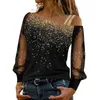 Blouses Femme Mode Femme Blousas Sequin Imprimer Sexy Hors Épaule Hauts Blusas Mujer Chemisier Élégant Maille Sheer Manches Longues Blusa Feminina