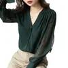 Blusas femininas tpjb elegante verão gaze manga longa cor sólida botão com decote em v reto solto chiffon fino roupas confortáveis