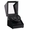 Trä lack piano glansig svart kolfiber dubbel klocka winderbox tyst motor lagring display case us plug watch shaker244y