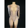 Scen Wear Fantherr Gogo Dancer Outfit Costume Rhinestone Tassel Jumpsuit Kvinnor Sparkly Rompers ser genom födelsedagen Firar 2024 Leotard