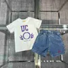 Brand kids tracksuits high quality Summer T-shirt set Size 100-160 baby Short sleeve and Embroidered logo denim shorts Jan20