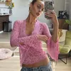 Kvinnors T-skjortor Kvinnor Crop Tops Långärmad Deep Vneck Lace Se genom Solid Casual T-shirt Sommar Sexig Spicy Girl Party Top Fashion