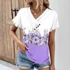 Blusas de mujer Top de verano Estampado de flores Colorblock Camiseta con cuello en V para mujer Suave transpirable con decoración de botones Manga corta Cómodo