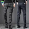 Autumn Winter England Plaid Work Stretch Pants Men Business Fashion Slim Thick Grey Blue Casual Pant Male Brand Trousers 38 240122