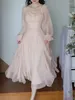 Vestidos casuales rosa gasa vintage vestido dulce mujeres a-line francia elegante fiesta midi femenino estilo coreano manga de llamarada verano 2024