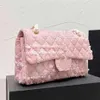 25CM Ladies Mini Flap Crossbody Designer Bags Pink and White Tweed Multi-color Classic Handbags Gold-Tone Metal Chains Contrasting252g