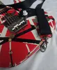 Heavy Relic Edward Van Halen Franken Stein E-Gitarre, weiß, schwarz gestreift, rot, Floyd Rose Tremolo-Steg-Sicherungsmutter, spezieller Gurtknopf