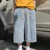 Erkek kot pantolon denim şort yaz kırpılmış kargo pantolon, çekiliş elastik bel çok cepleri kasık için düz gevşek