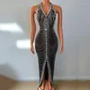 ステージウェアビッグストーンズイブニングドレスセクシーなホルターダイヤモンドチェーンタッセル女性誕生日コスチューム衣装を祝うXS6105