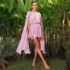 Abiti da ballo eleganti in chiffon corto rosa con volant con fascia a trapezio a maniche lunghe mini abito da festa maxi abiti da sera formali per le donne