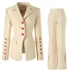 Tweedelige jasbroek beige dameskantoor enkele borst rode knop gepersonaliseerde aangepaste jasbroek formele set 240127