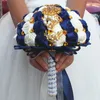 Wedding Flowers Luxury Satin Rose Bouquet Brides Navy Blue With Gold Crystal Diamond Artificial Bridal