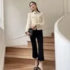 2024 spring Long Sleeve Lapel Neck Beige Solid Color Blouses Elegant Simplicity Single-breasted buckle Pleated Tops Daily Outfit