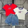 Brand kids tracksuits high quality Summer T-shirt set Size 100-160 baby Short sleeve and Embroidered logo denim shorts Jan20