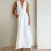 Vestidos casuais 2024 verão sexy senhora feriado branco cinza sem mangas profundo decote em v mulheres top qualidade linho maxi