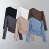 Women's T Shirts Diagonal Collar Off Shoulder Long Sleeved T-shirt For Spicy Girl Slim Fit Pleated Solid Color Short Top V903