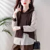 2024 primavera edição coreana minimalista casual com capuz camisola de manga comprida/suéter de pelúcia pulôver falso duas peças para mulher
