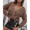 Suéteres femininos design versátil 2024 primavera outono chegadas roupas cor sólida pérola decorativa camisola com decote em v