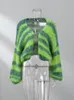Femmes vert rayé Crochet tricoté Cardigan décontracté ample lanterne manches surdimensionné pull automne mode Chic dames Streetwear 240122