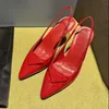 Clásicos Correa trasera boda Dedos en punta Tacón de aguja Zapatos de noche Cuero genuino Slingback Diseñador de lujo Zapatos de vestir fiesta tacones altos Triángulo decorativo