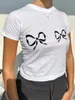 レディースTシャツ女性の女性Y2K弓ティーティーショートスリーブリボンプリントクロップトップラウンドネックスリムフィットキュートフェアリーTシャツ