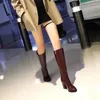 Boots 2024 Fashion Women Block 9cm High Cheels High Hit Winter Knee Boot Patent Patent Leather Long Plus Size Shoes