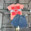 Brand kids tracksuits high quality Summer T-shirt set Size 100-160 baby Short sleeve and Embroidered logo denim shorts Jan20