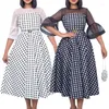 Vestidos de festa primavera meados de flare manga mulheres preto / branco o-pescoço vestido de malha retro impressão outono feminino meados de bezerro elegante tamanho casual S-XL